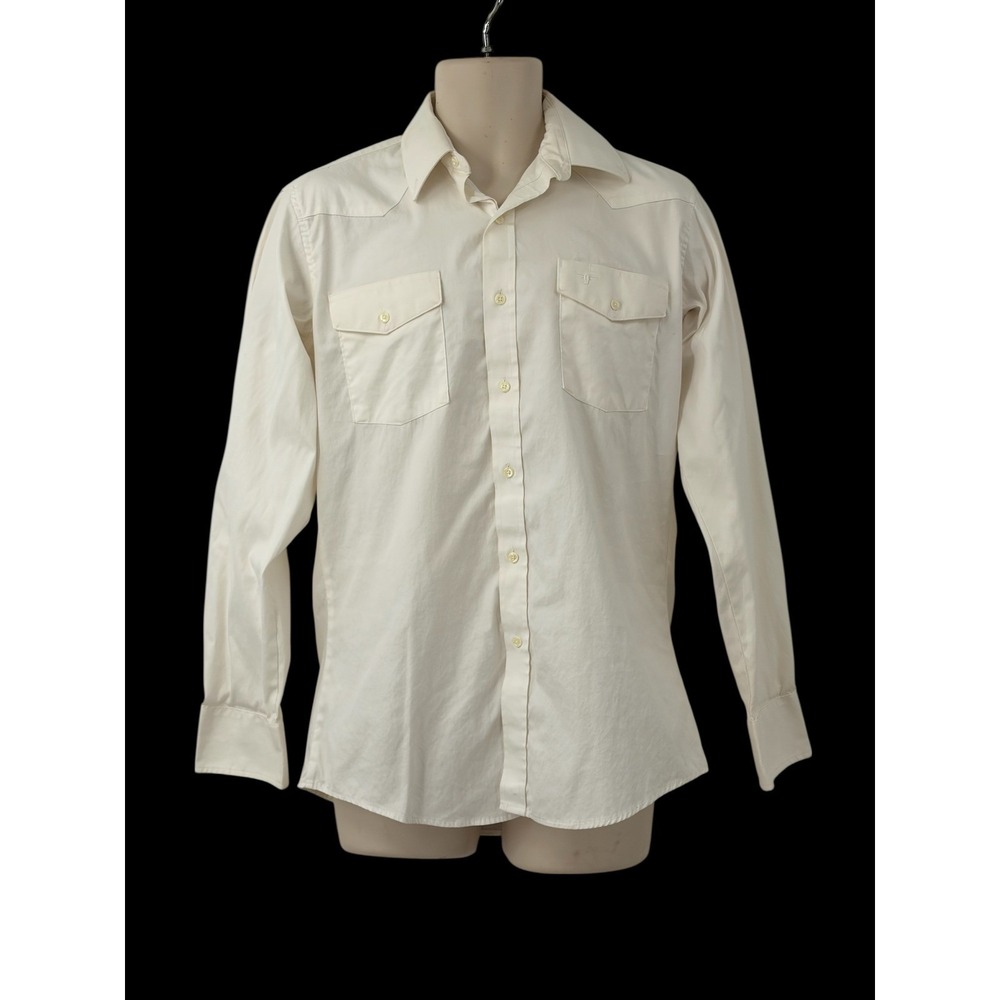 Vintage Longhorn by Niver Western Mens Long Sleeve Button Down Shirt Cream 15x34